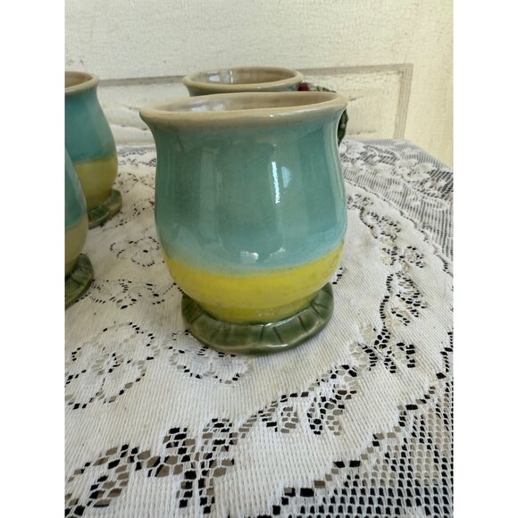 Vintage 80's Set 4 Majolica Pottery Mugs Cups Cactus blossom Handle - Picture 10 of 13